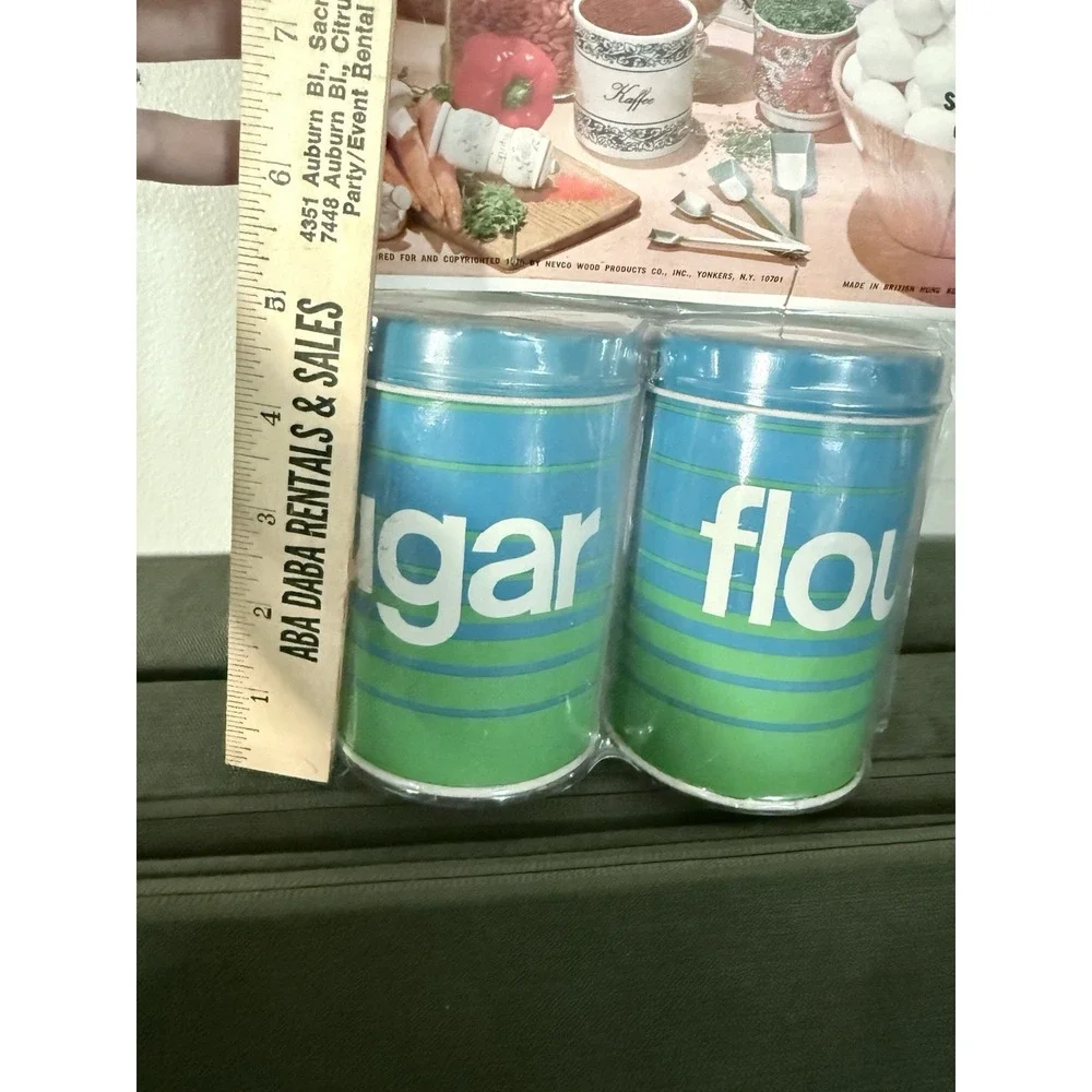 Vintage 70s MCM Groovy Blue Green Metal Canister Set of 2 Retro Sugar & Flour